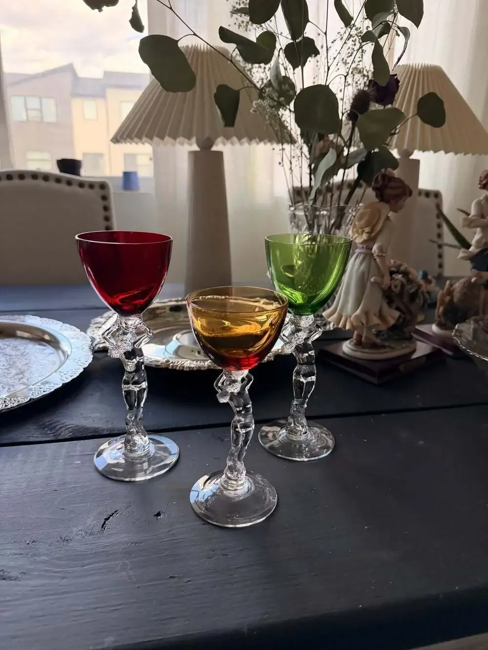 Cambridge Glass Statuesque Nude Lady Stem Multicolor Wine Cocktail Glasses of 3